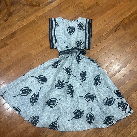 Vintage Choon Gray Leaf Print Dress Full Circle Boho Midi XS - Picture 9 of 9